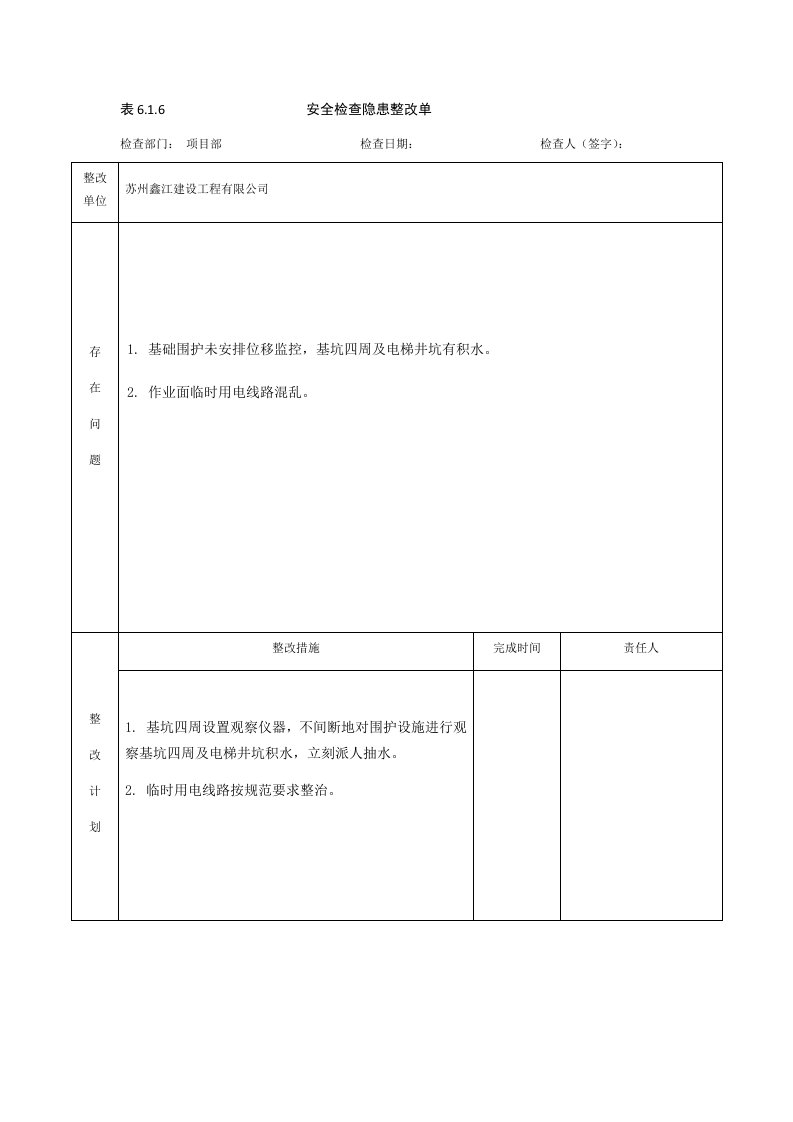 施工安全隐患排查记录表