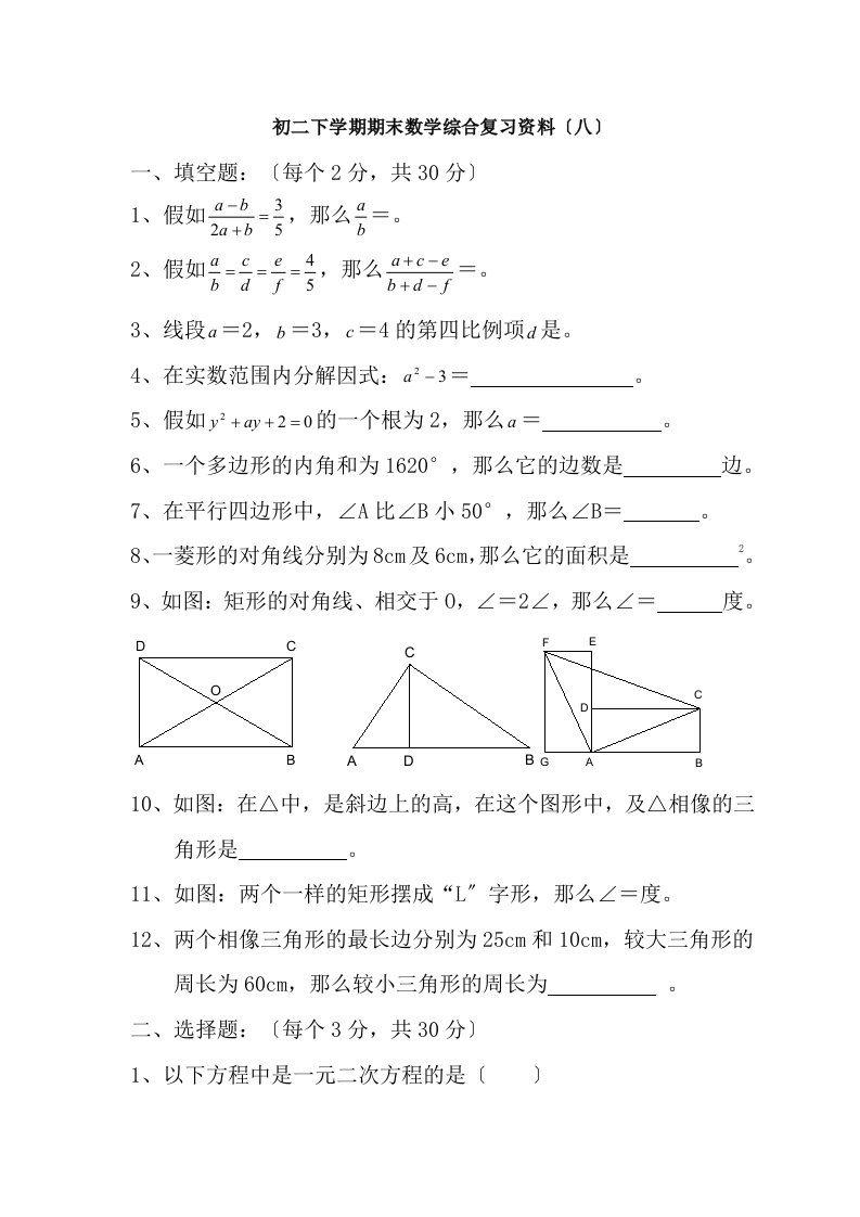 初二下学期期末数学综合复习资料八