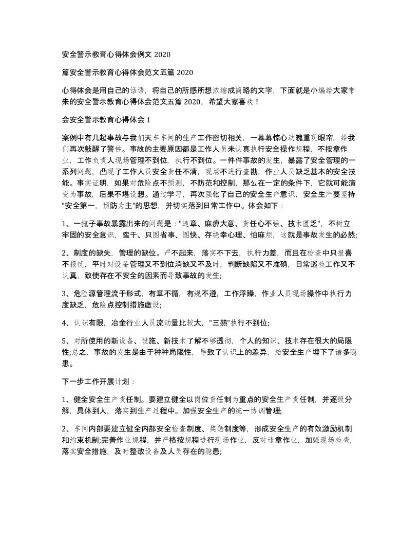 安全警示教育心得体会例文2020