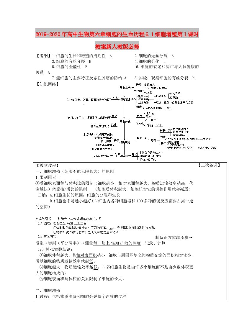 2019-2020年高中生物第六章细胞的生命历程6.1细胞增殖第1课时教案新人教版必修