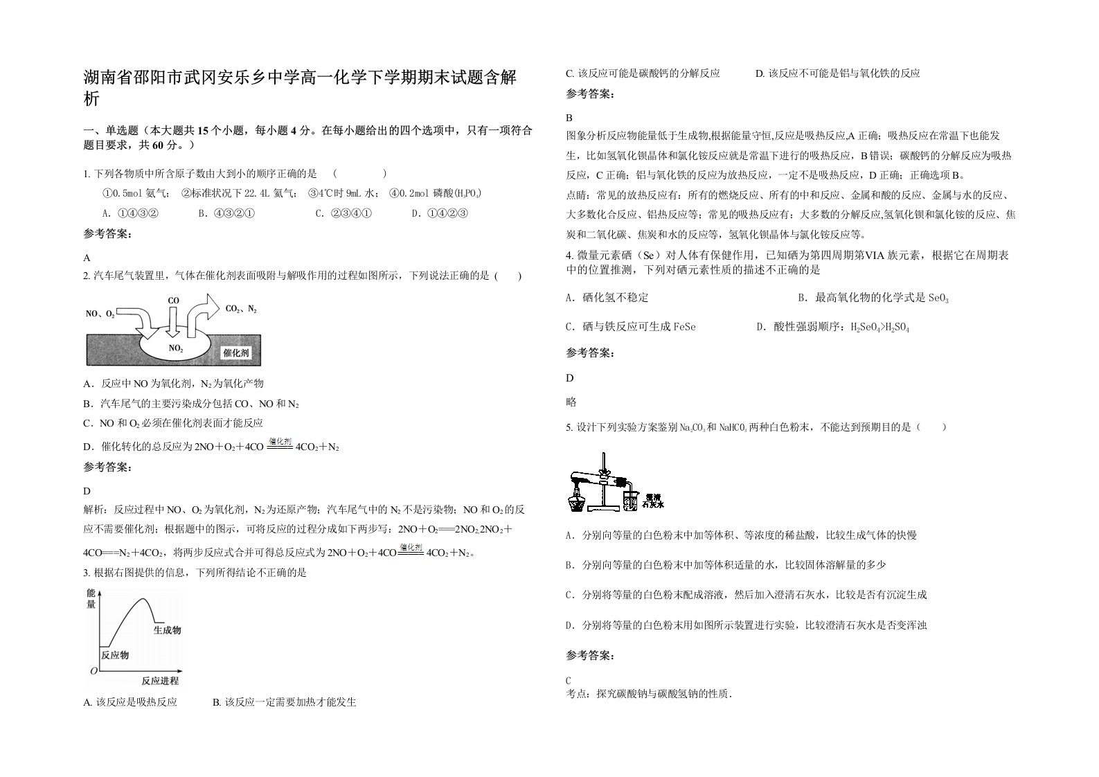 湖南省邵阳市武冈安乐乡中学高一化学下学期期末试题含解析