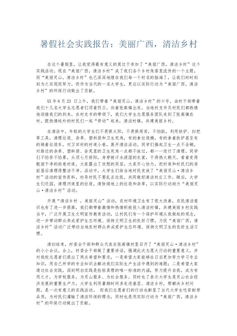 总结报告暑假社会实践报告美丽广西清洁乡村