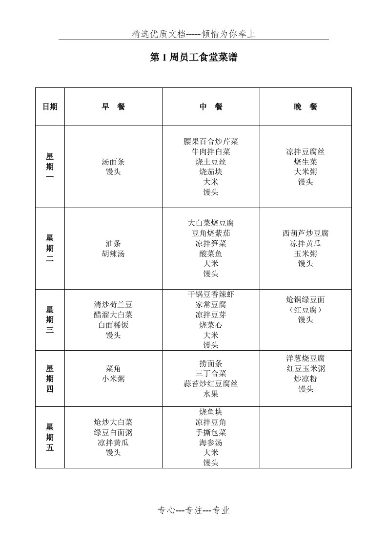 一个月员工食堂菜谱(共4页)