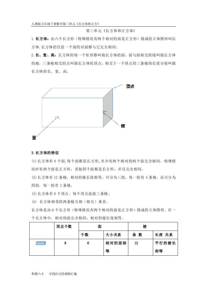 (完整版)人教版五年级下册数学第三单元《长方体和正方体的认识》知识点