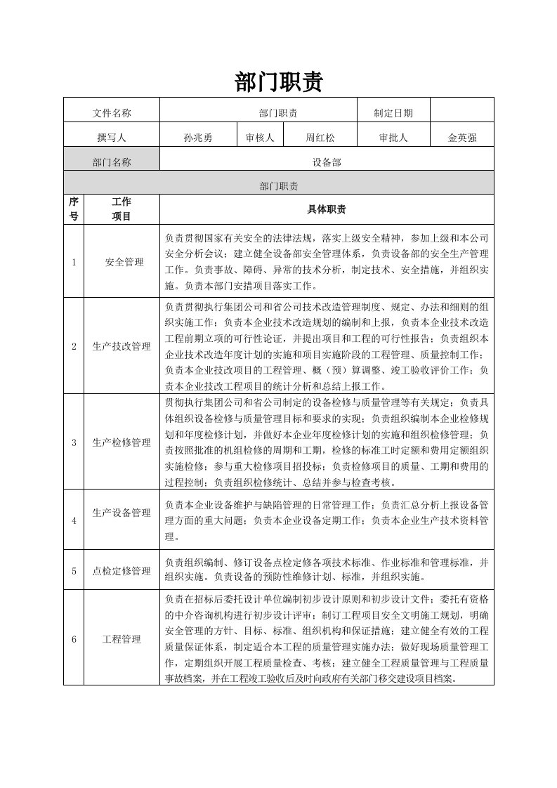 设备部部门职责