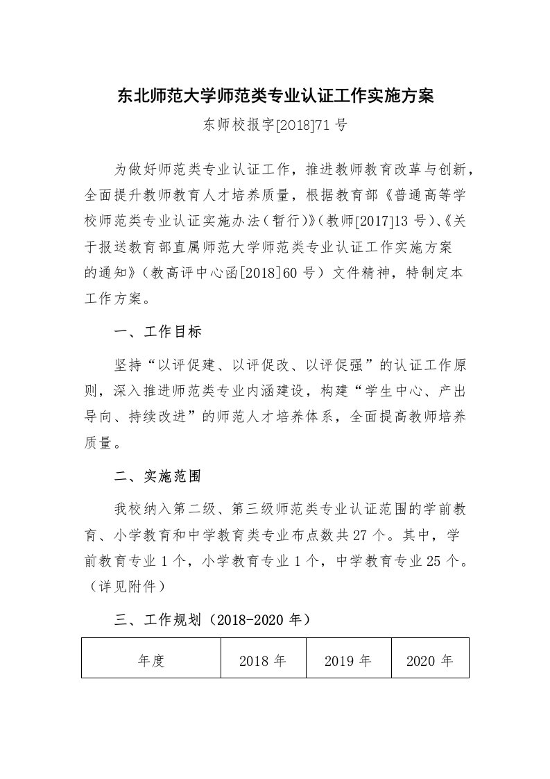 东北师范大学师范类专业认证工作实施方案