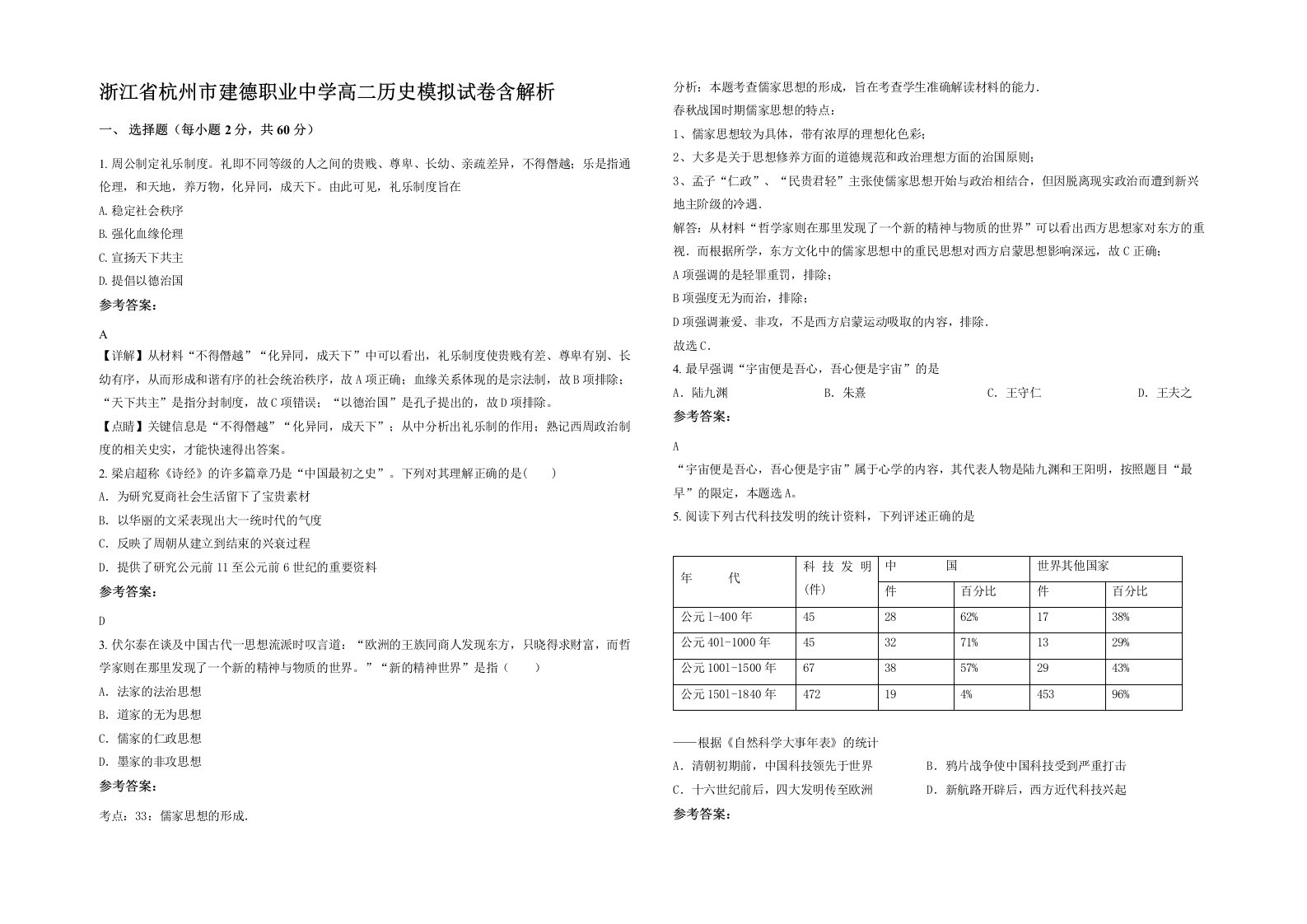 浙江省杭州市建德职业中学高二历史模拟试卷含解析