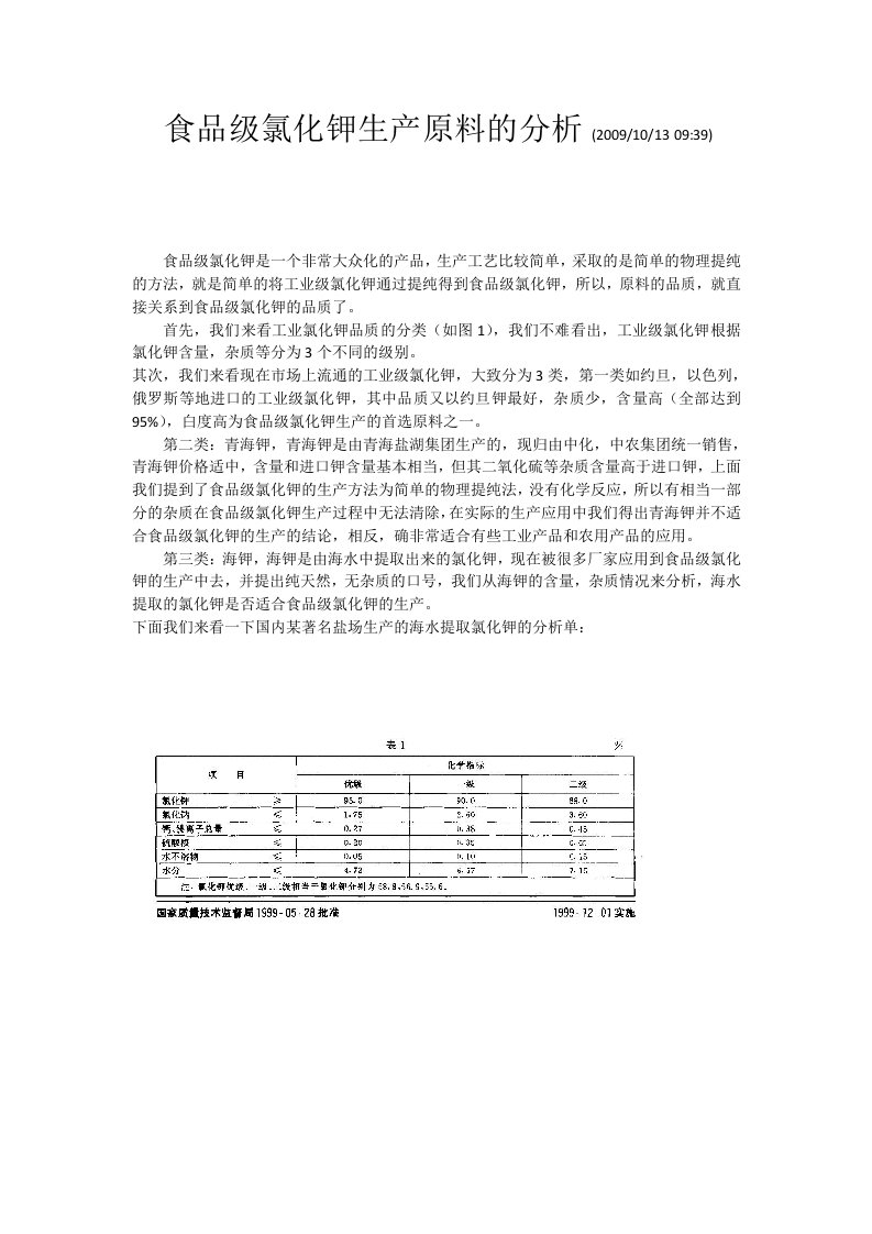 食品级氯化钾生产原料的分析