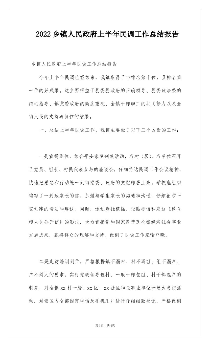 2022乡镇人民政府上半年民调工作总结报告