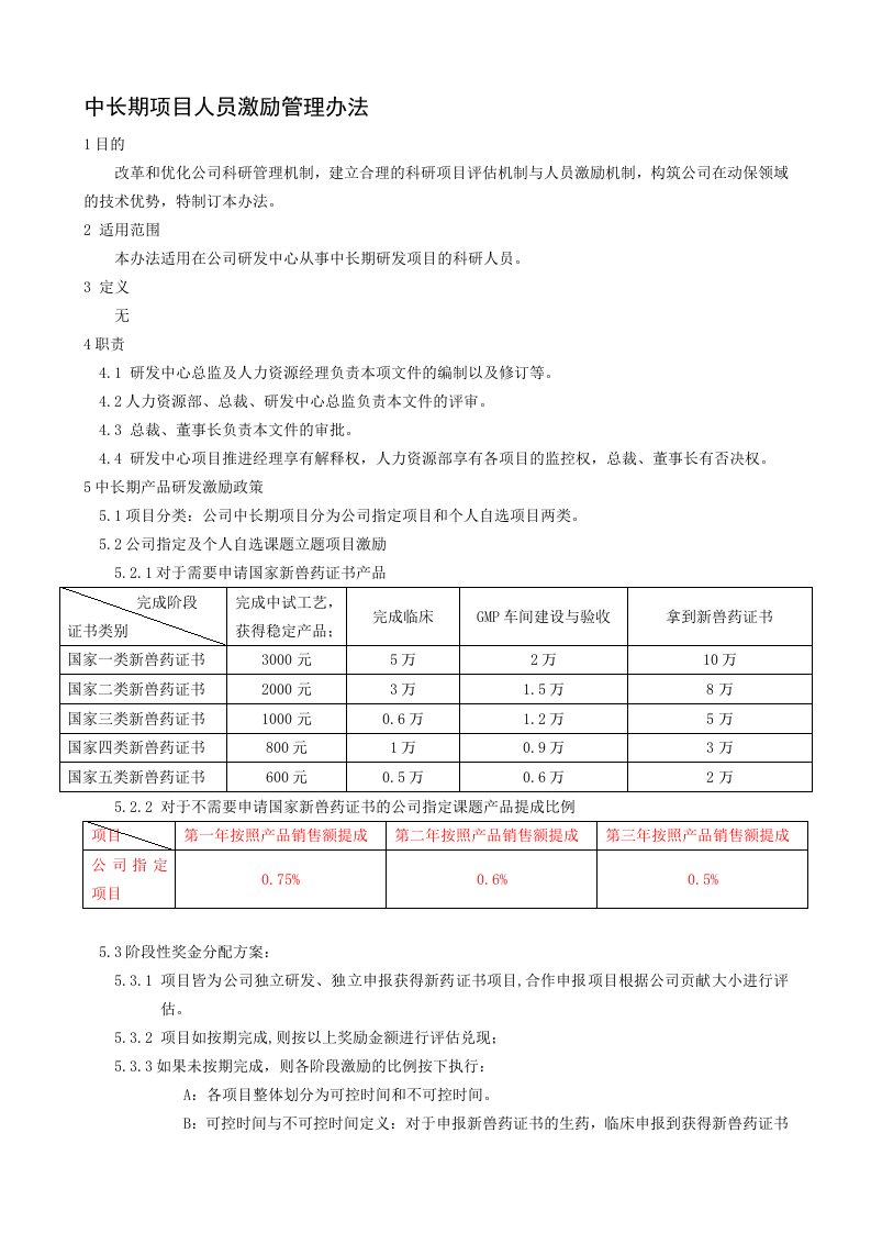 中长期项目人员激励管理办法