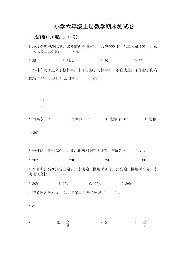 小学六年级上册数学期末测试卷及完整答案【名师系列】