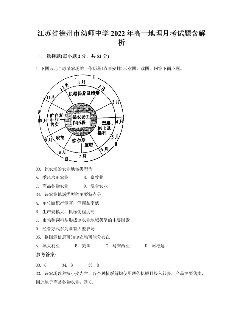 江苏省徐州市幼师中学2022年高一地理月考试题含解析