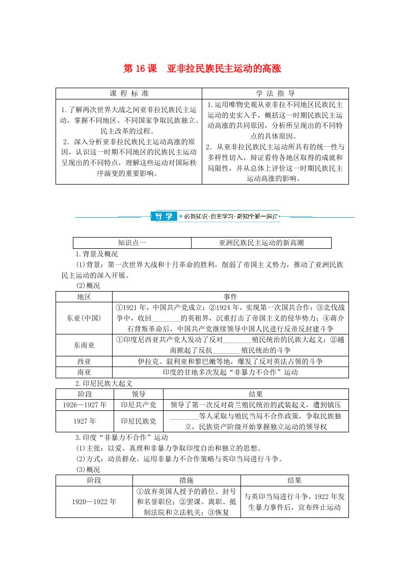 2024版新教材高中历史第七单元两次世界大战十月革命与国际秩序的演变第16课亚非拉民族民主运动的高涨学生用书部编版必修中外历史纲要下