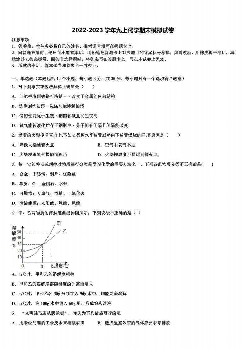 江苏省盐城市洋马初级中学2022-2023学年化学九年级上册期末达标检测模拟试题含解析