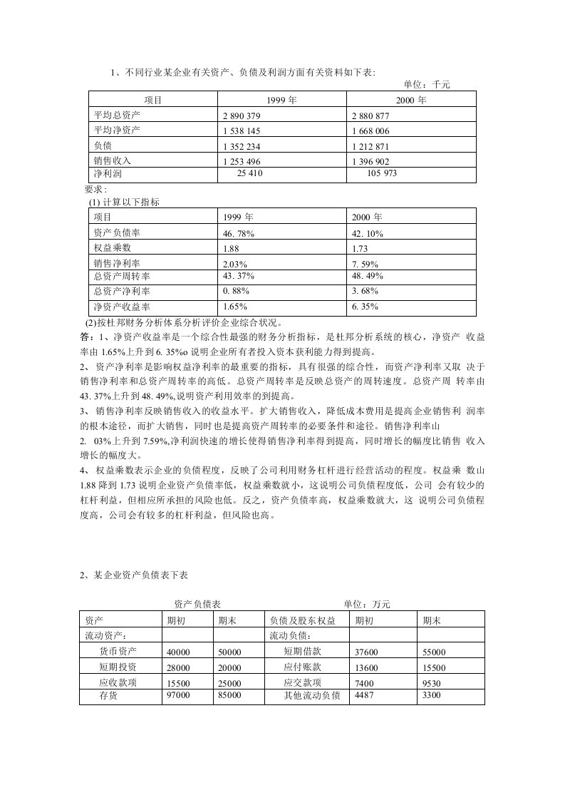 财务报表作业(附答案)