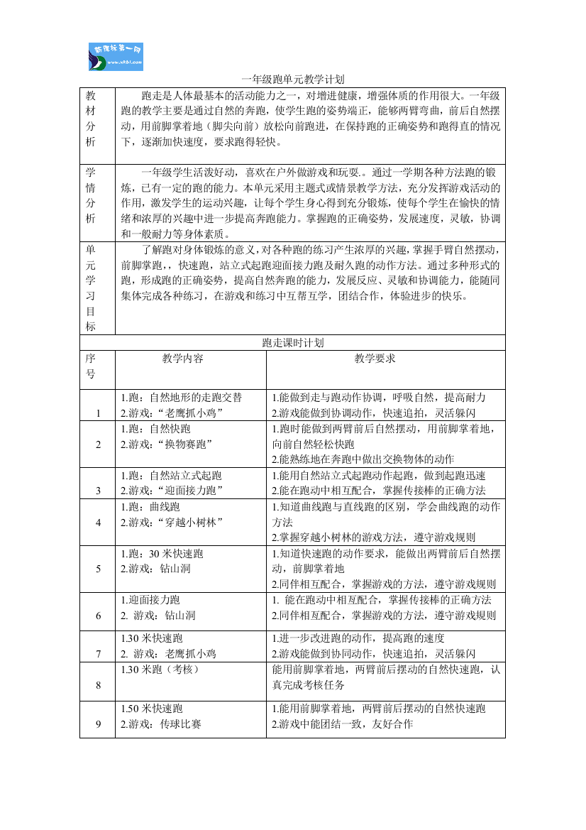 一年级跑表格式教案单元教学计划