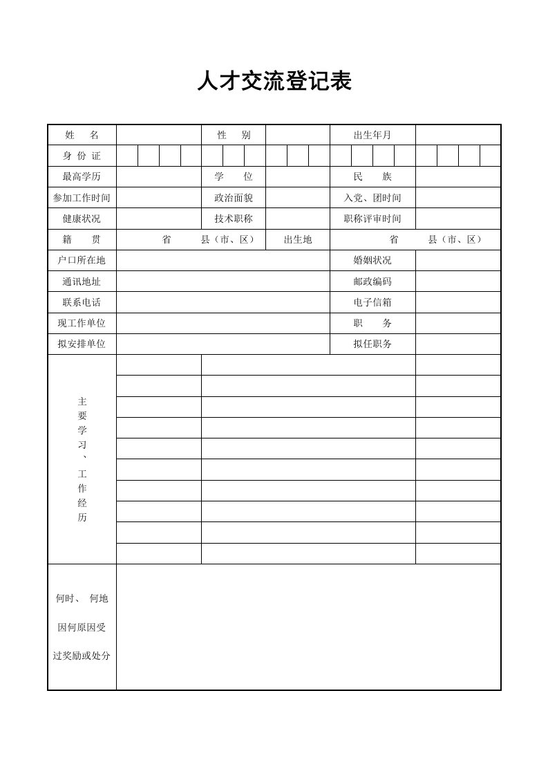 人才交流登记表