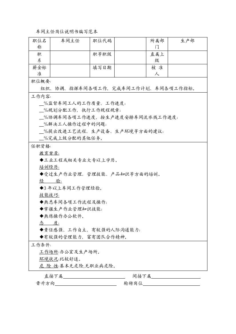 车间主任岗位说明书编写范本