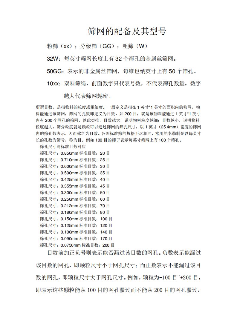 筛网的型号;目数对照表