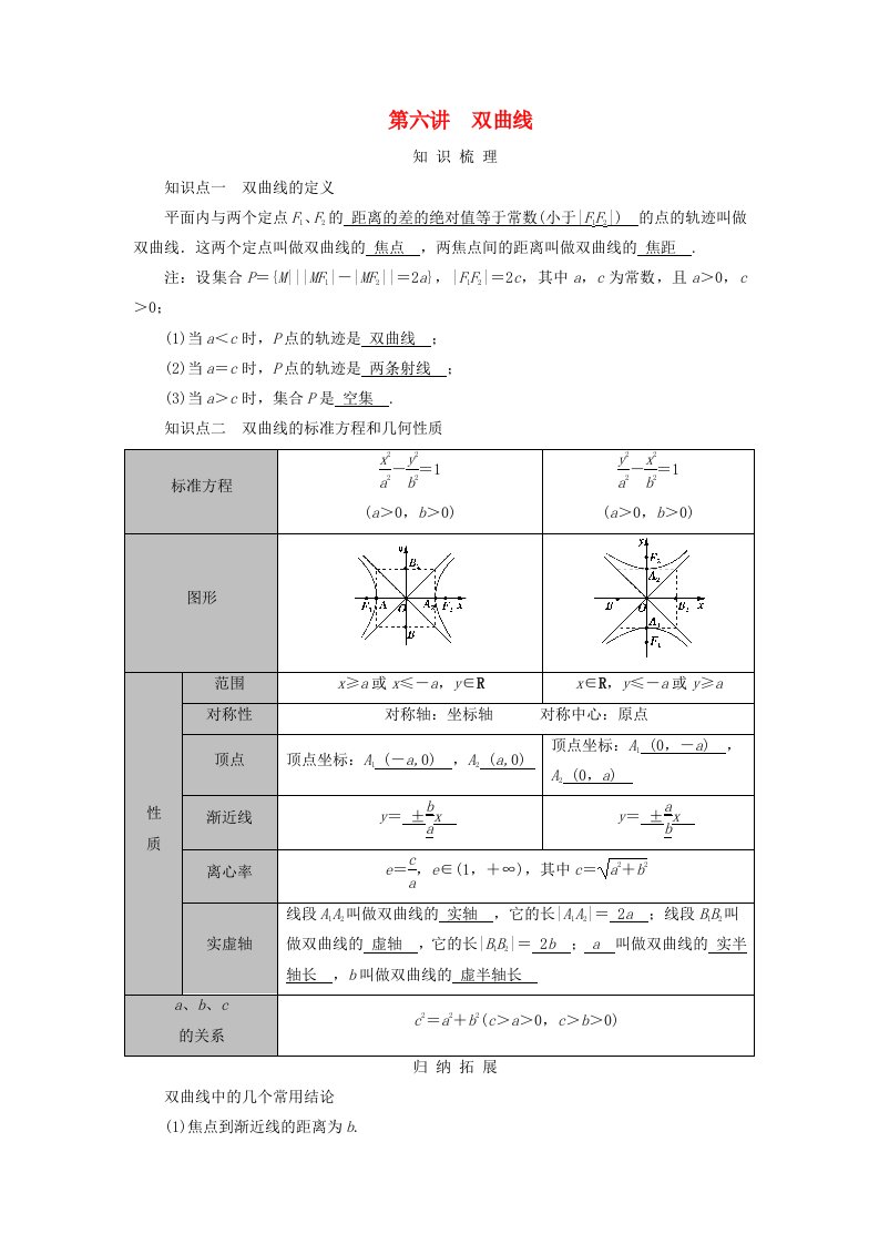 2025版高考数学一轮总复习知识梳理第8章平面解析几何第6讲双曲线