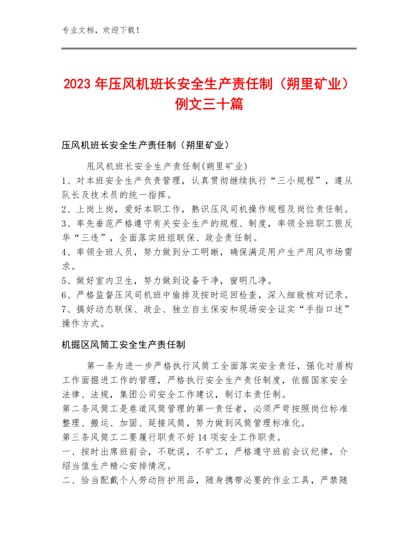 2023年压风机班长安全生产责任制（朔里矿业）例文三十篇