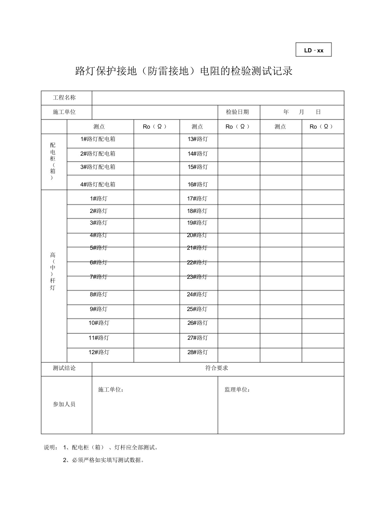 路灯保护接地(防雷接地)电阻的检验测试记录及电阻值要求