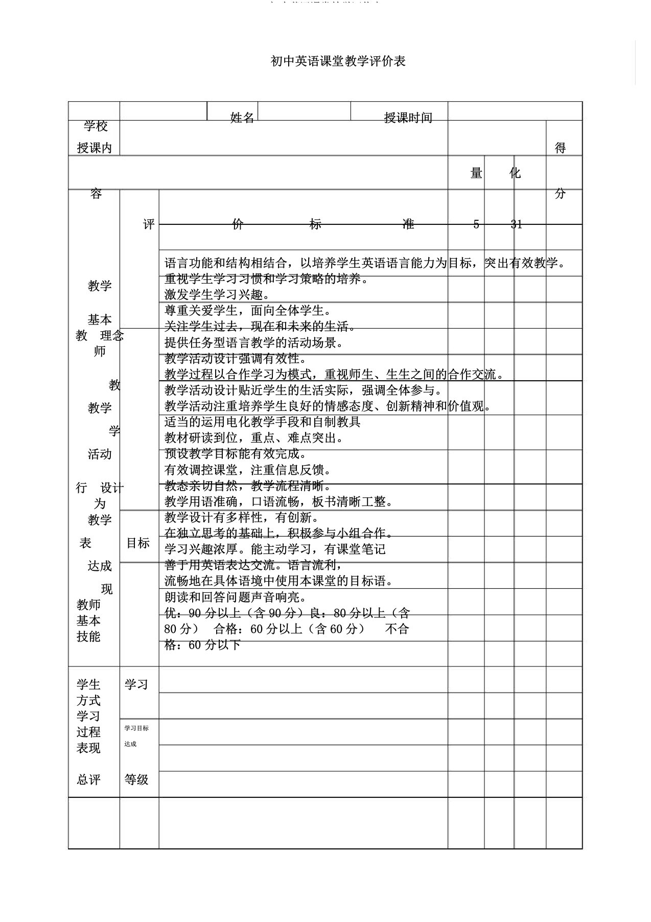 初中英语课堂教学评价表