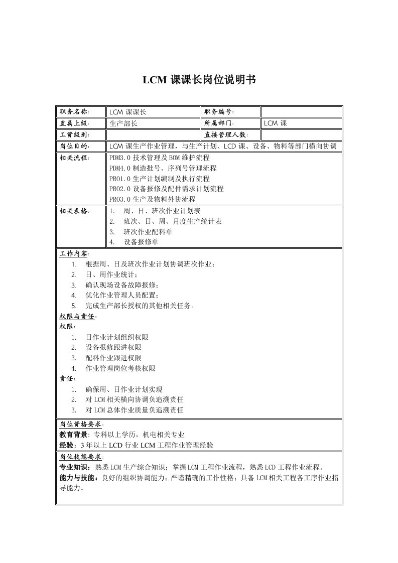 电子行业-联信光电子公司LCM科科长岗位说明书