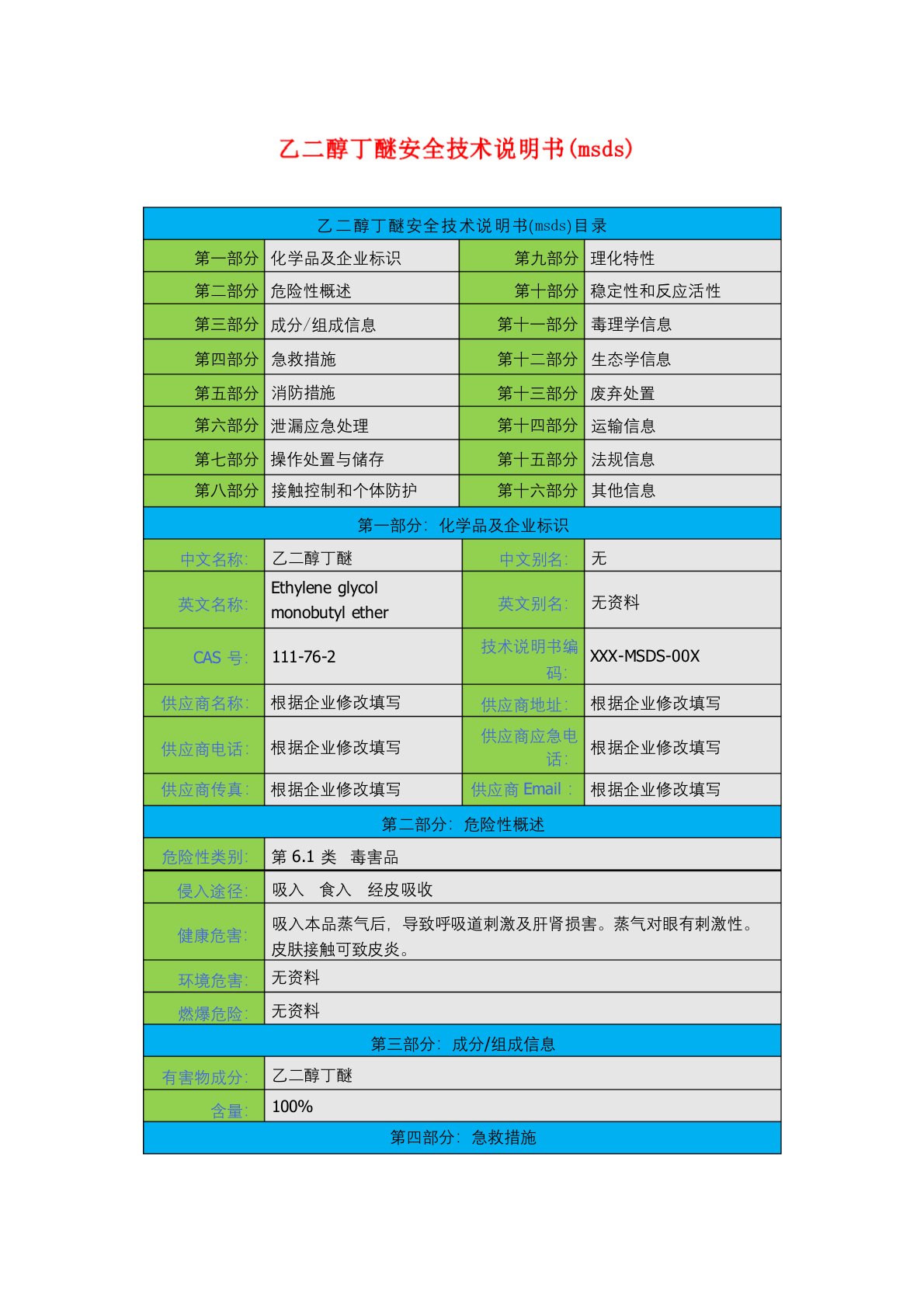 乙二醇丁醚安全技术说明书(msds)