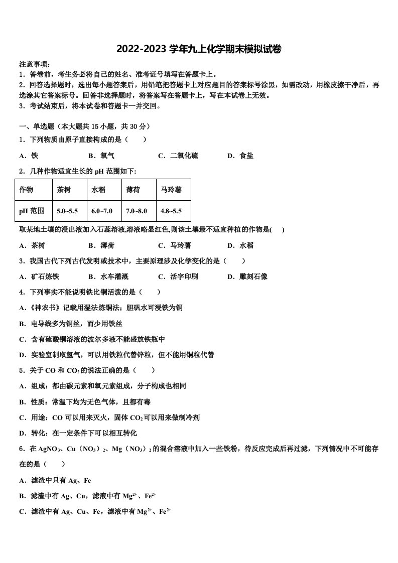 2023届河北省沧州市孟村县化学九年级第一学期期末质量检测模拟试题含解析