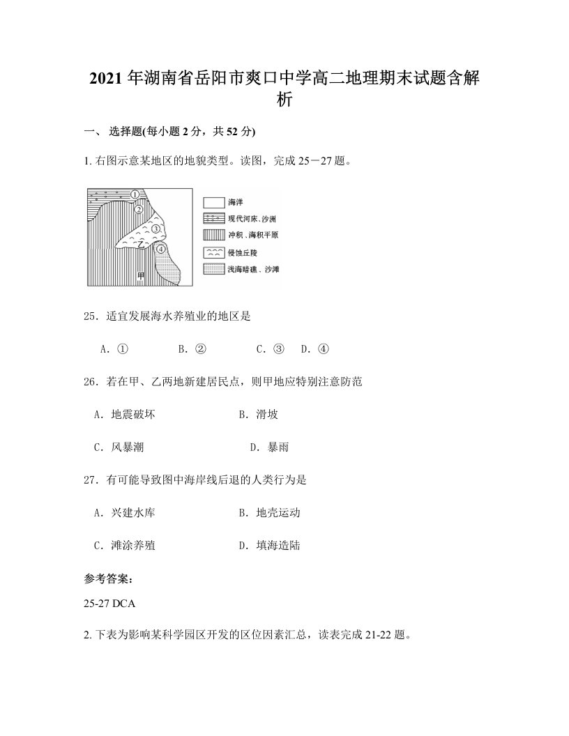 2021年湖南省岳阳市爽口中学高二地理期末试题含解析