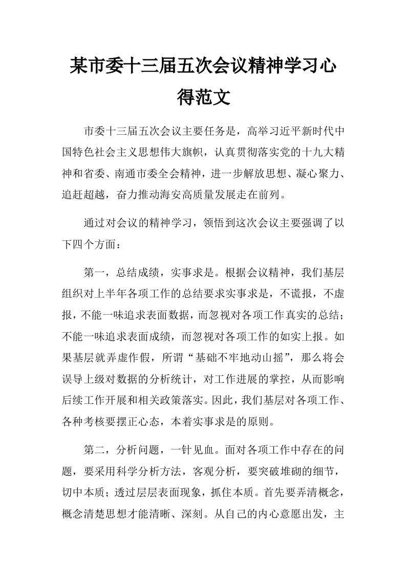 某市委十三届五次会议精神学习心得范文