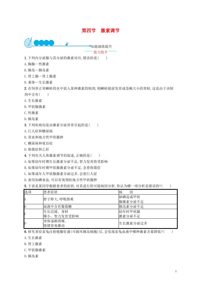 2022七年级生物下册第四单元生物圈中的人第六章人体生命活动的调节第四节激素调节课后习题新版新人教版