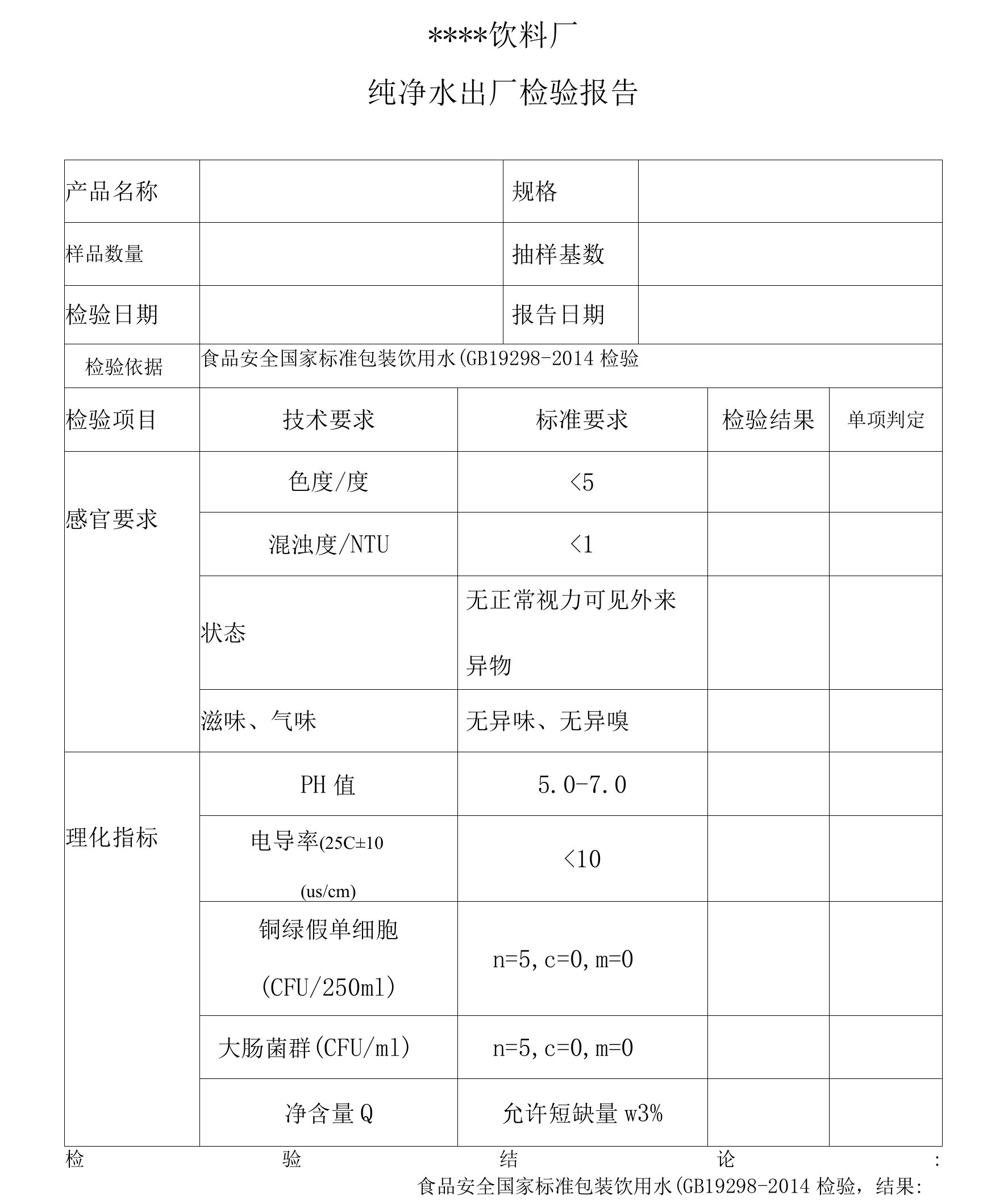 纯净水出厂检验报告