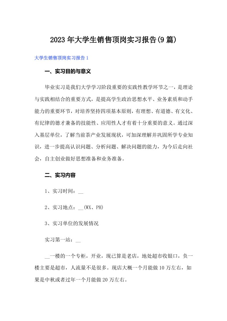 大学生销售顶岗实习报告(9篇)