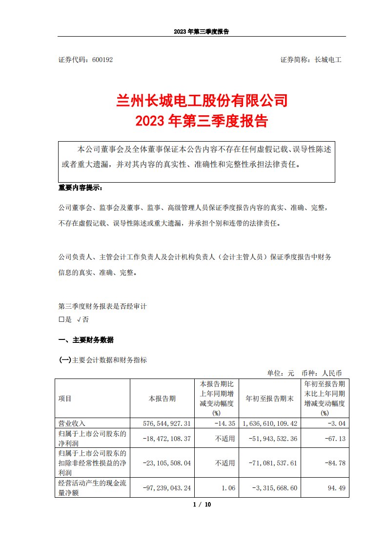 上交所-长城电工2023年第三季度报告-20231027