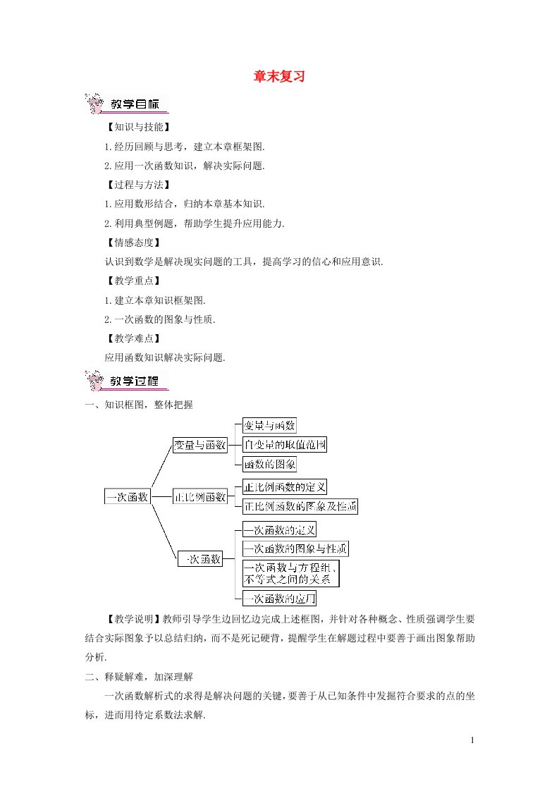 2023八年级数学下册第十九章一次函数章末复习教案新版新人教版