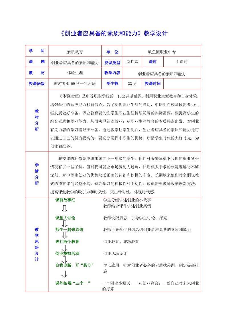 《创业者应具备的素质和能力》教案)