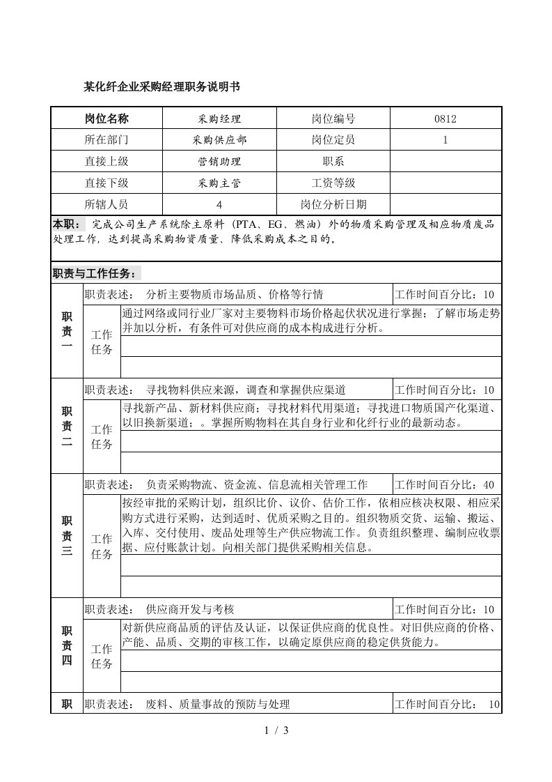 化纤企业采购经理职务说明书