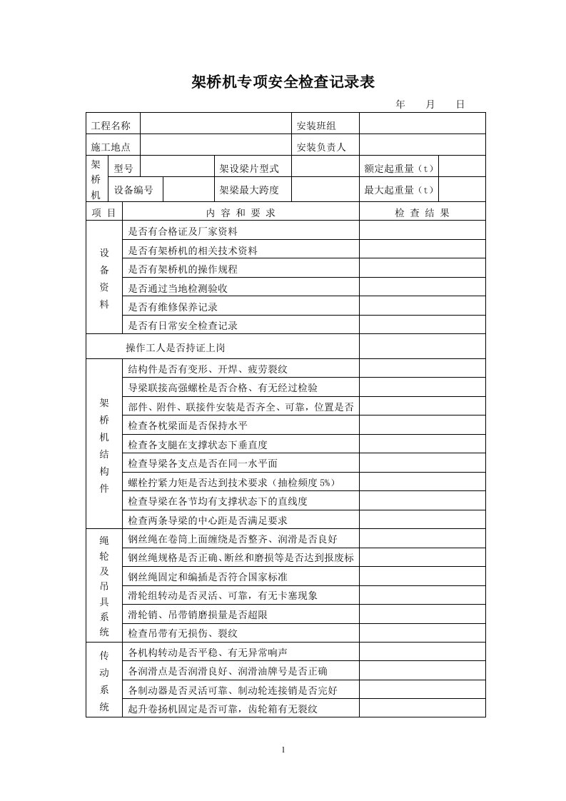 架桥机专项安全检查记录表