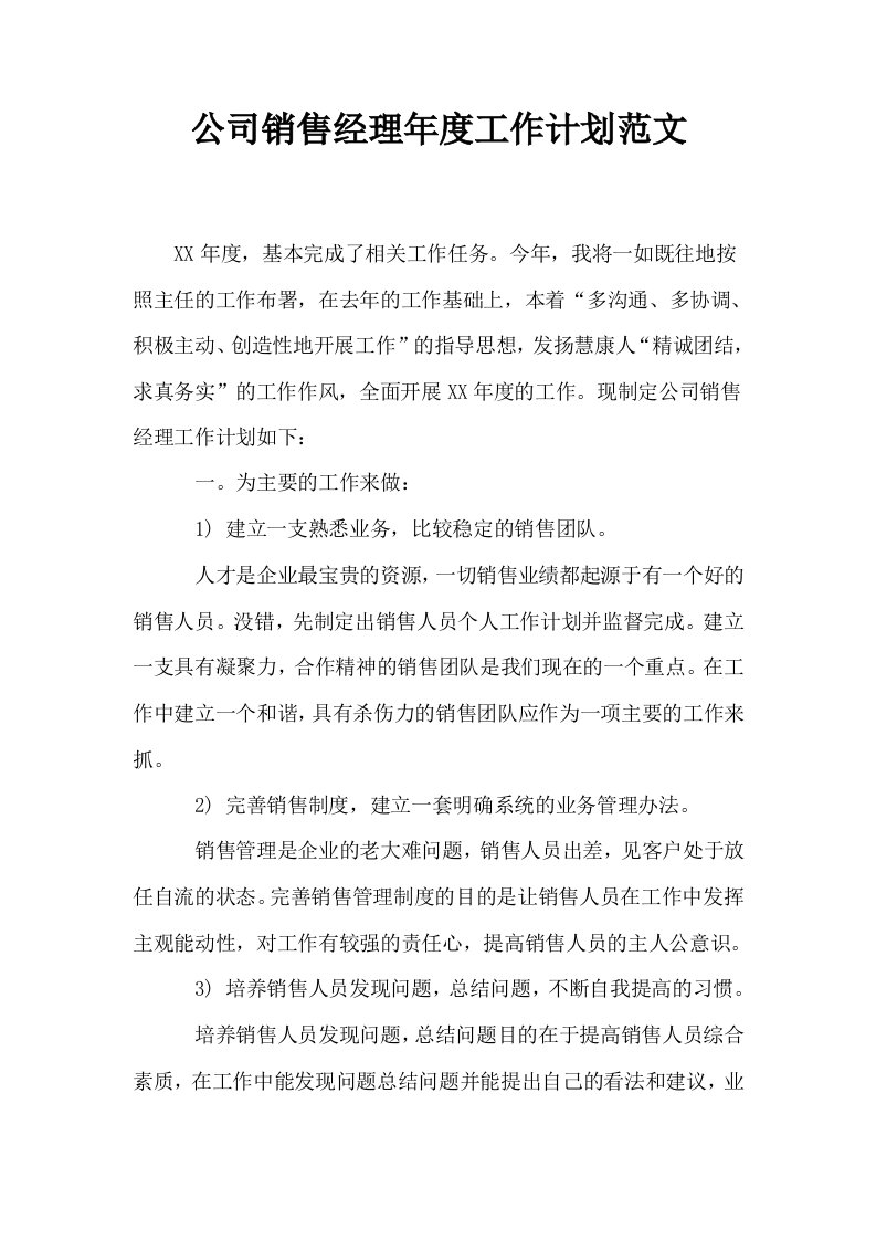 公司销售经理年度工作计划范文