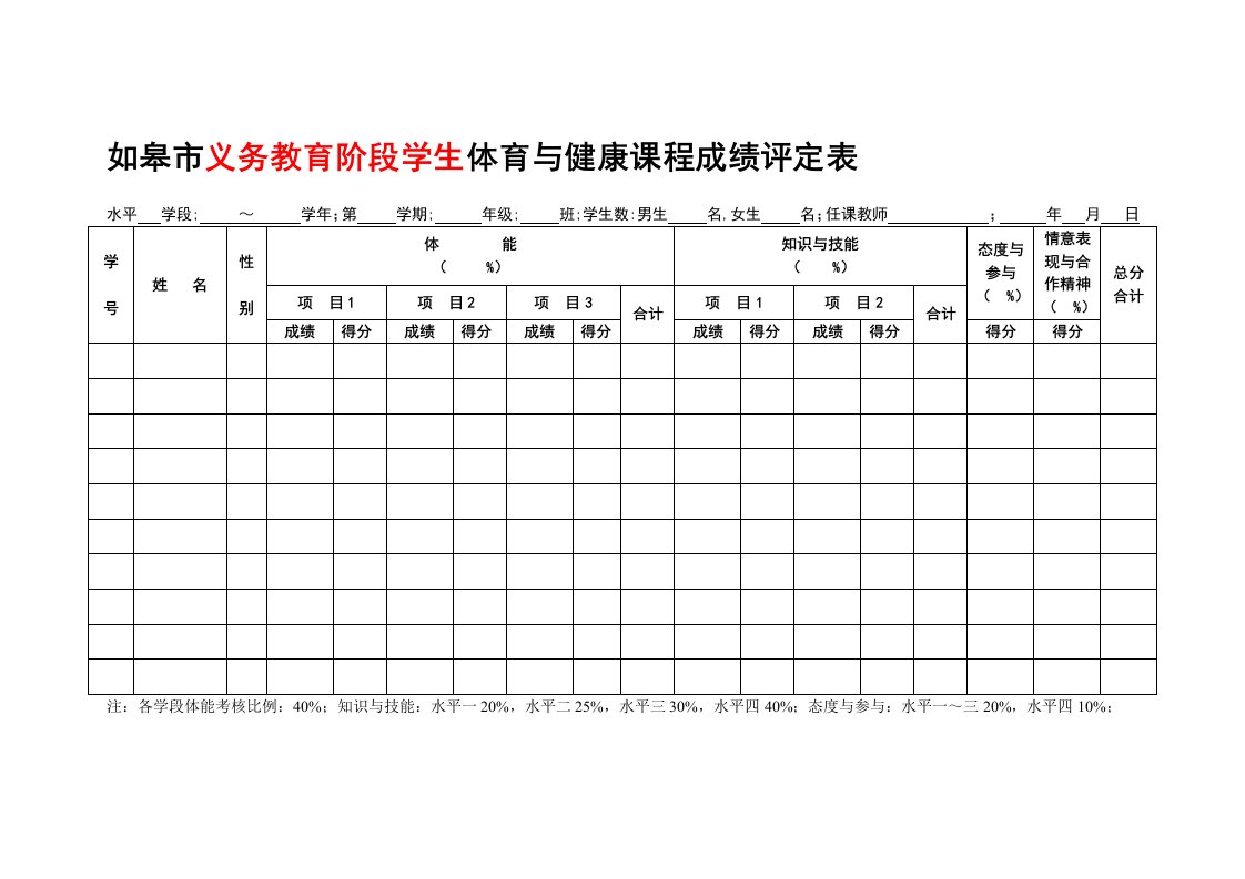 如皋市义务教育阶段学生体育与健康课程成绩评定表格