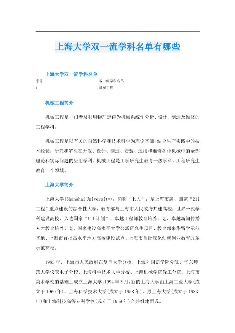 上海大学双一流学科名单有哪些