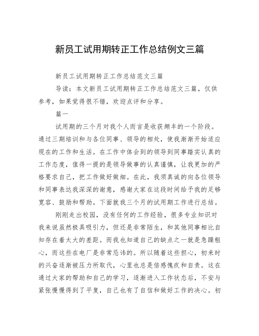 新员工试用期转正工作总结例文三篇