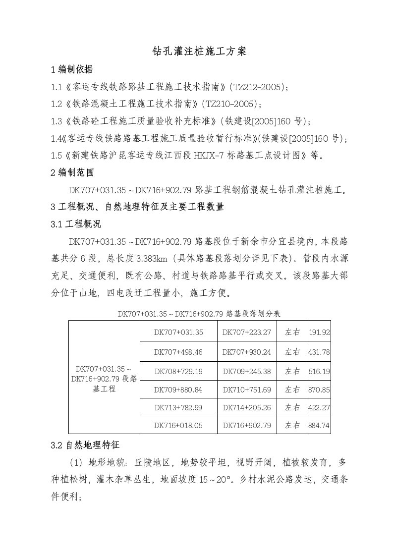 沪昆客运专线江西段某标段路基工程钻孔灌注桩施工方案