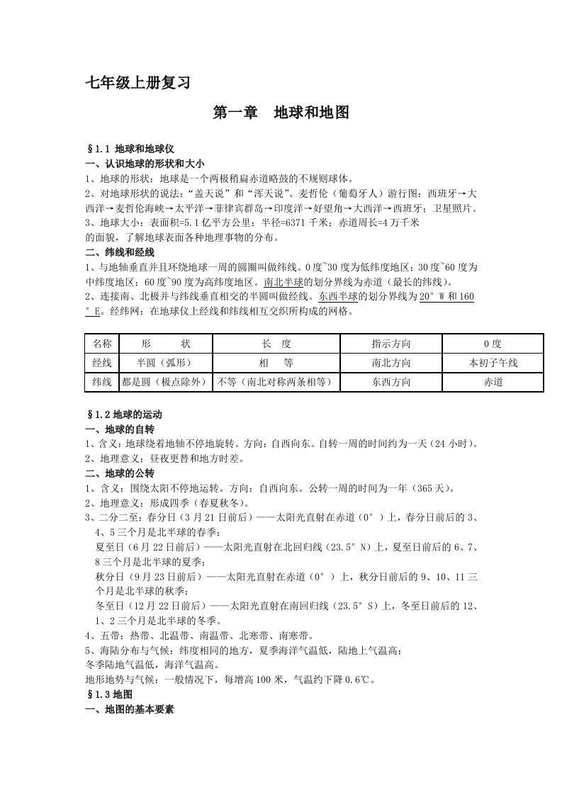 初一地理上册第一章：地球和地图