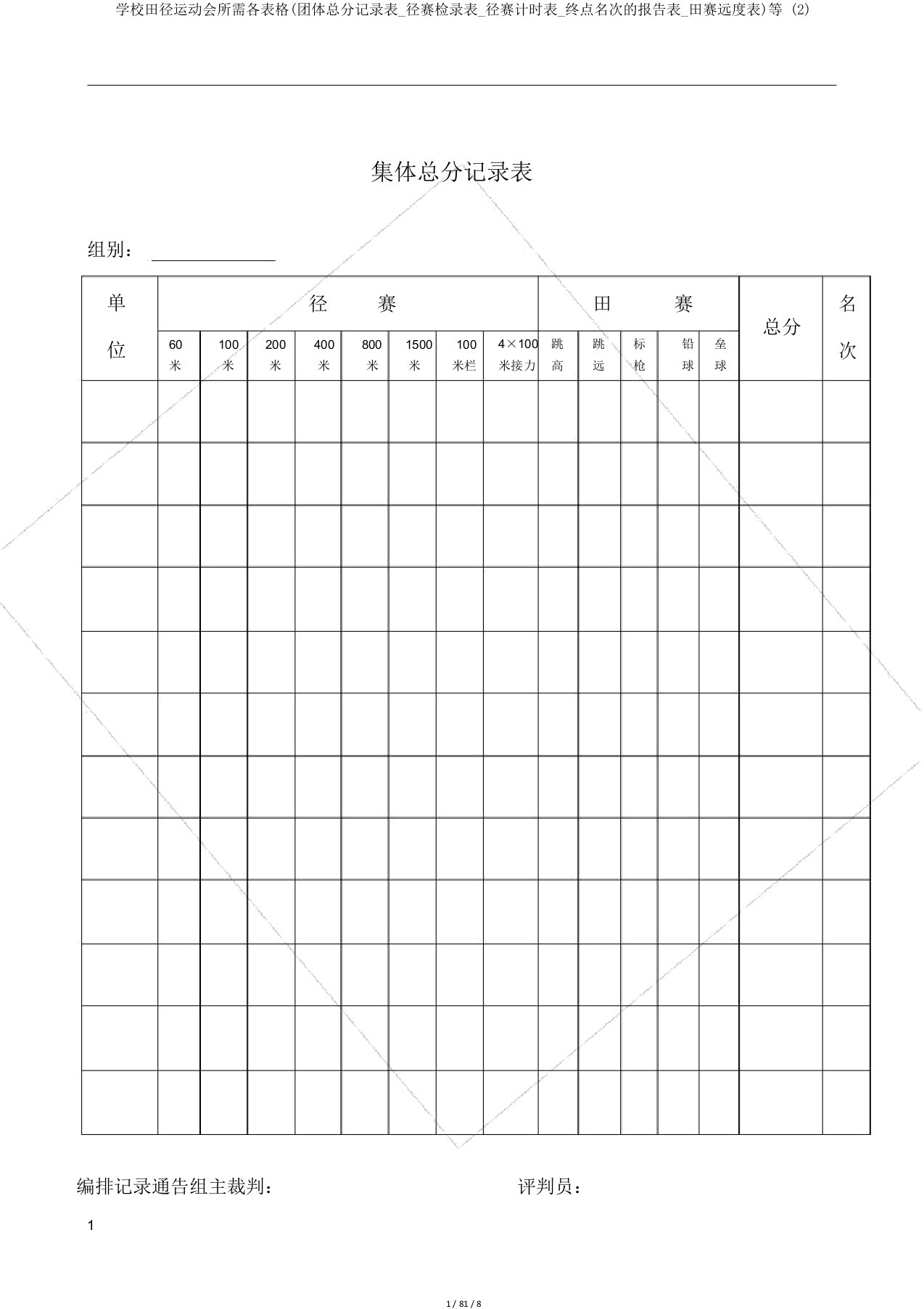 学校田径运动会所需各表格(团体总分记录表