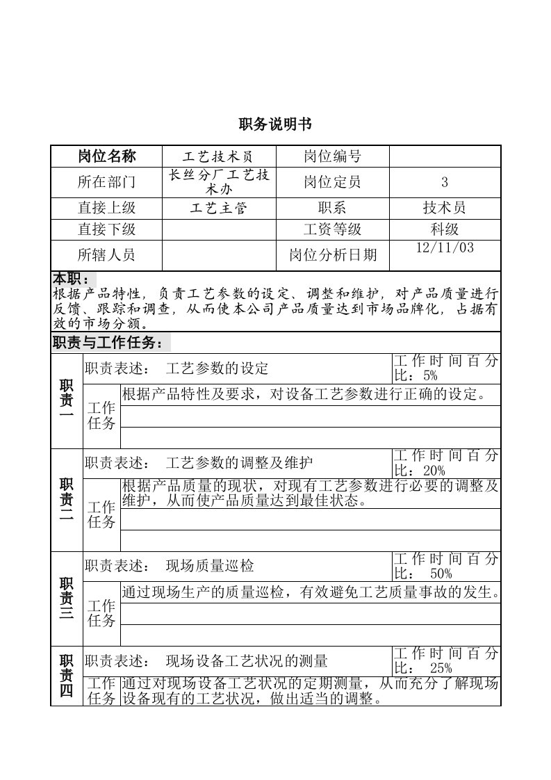 岗位职责-北大纵横新丰化纤工艺技术员岗位职务说明书