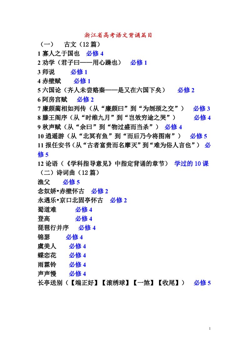 高三语文教学资料汇编：浙江省新课标高考语文默写必背名篇汇总0