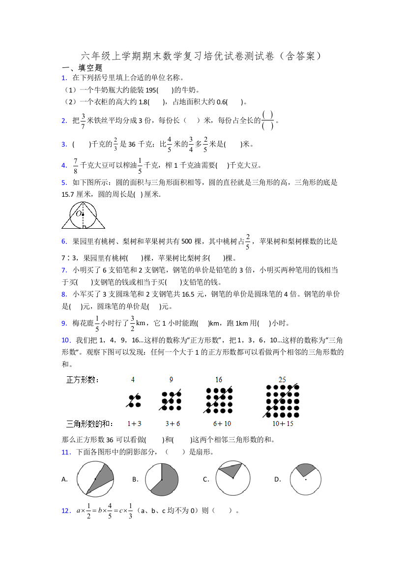 六年级上学期期末数学复习培优试卷测试卷(含答案)